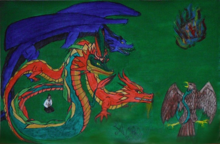 Person meditating between three dragons from different cultures burning the Constitution, while a serpent bites an eagle in the neck.